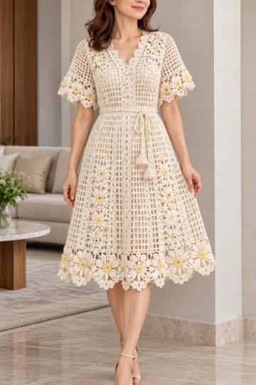 Ivory crochet mesh dress with V-neck, short sleeves, waist tie, and daisy flower appliques along the hem and cuffs