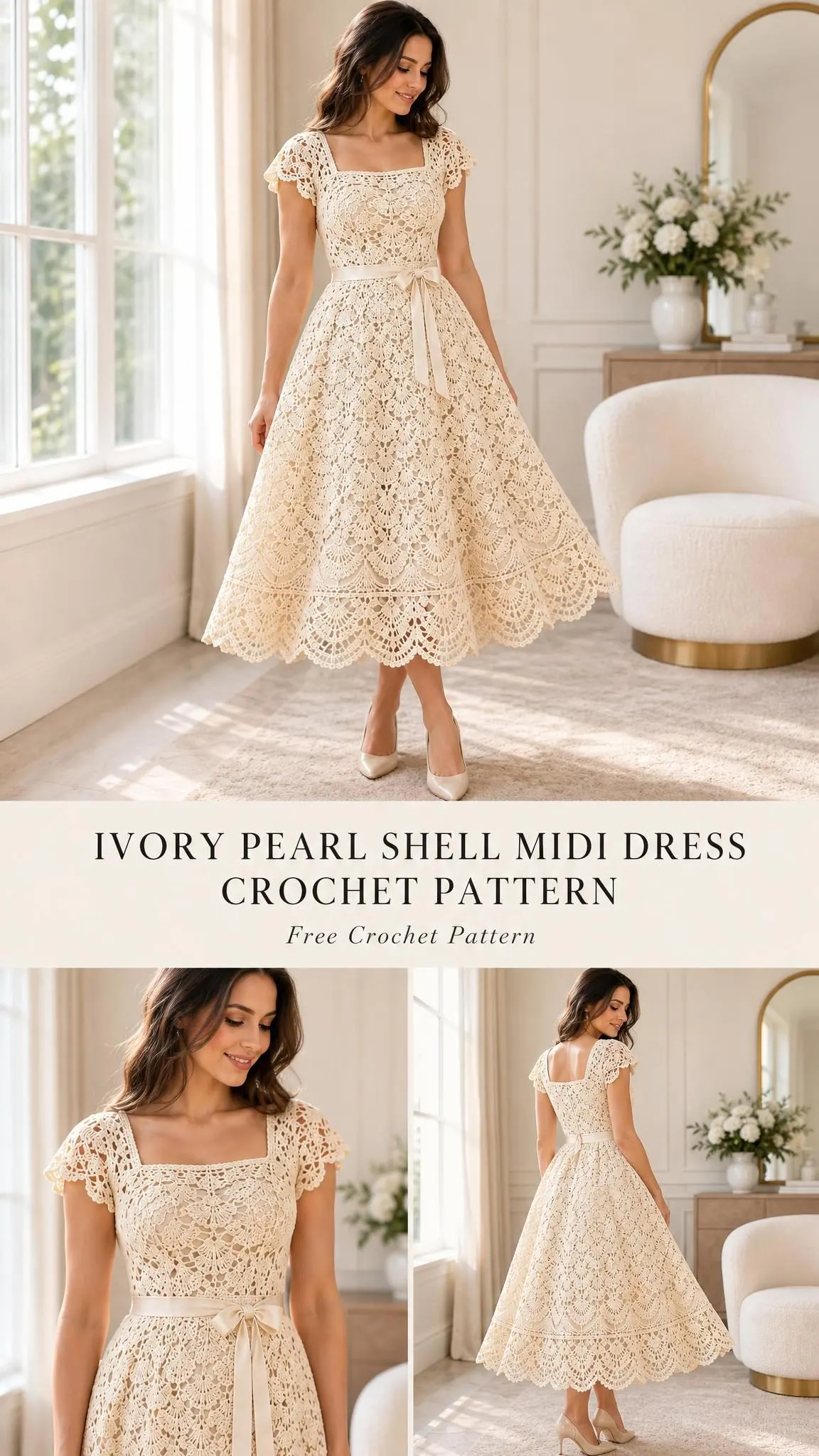 Woman wearing elegant cream crochet midi dress with scalloped hem and delicate fan lace pattern