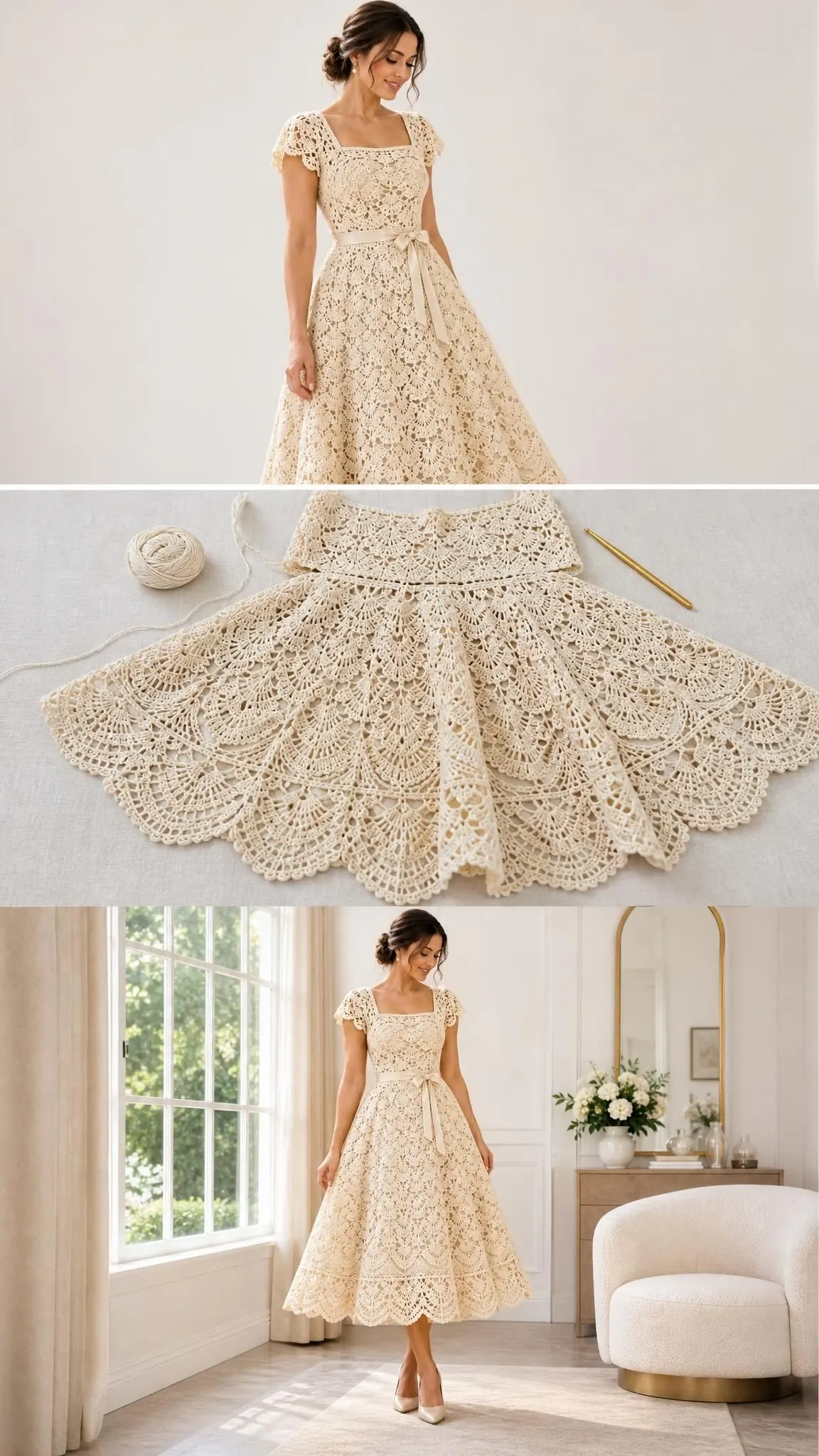 Close up of ivory pearl shell stitch crochet dress showing detailed lacework and A-line silhouette