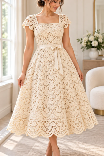 Ivory crochet shell lace midi dress with square neckline, cap sleeves, and satin waist ribbon bow