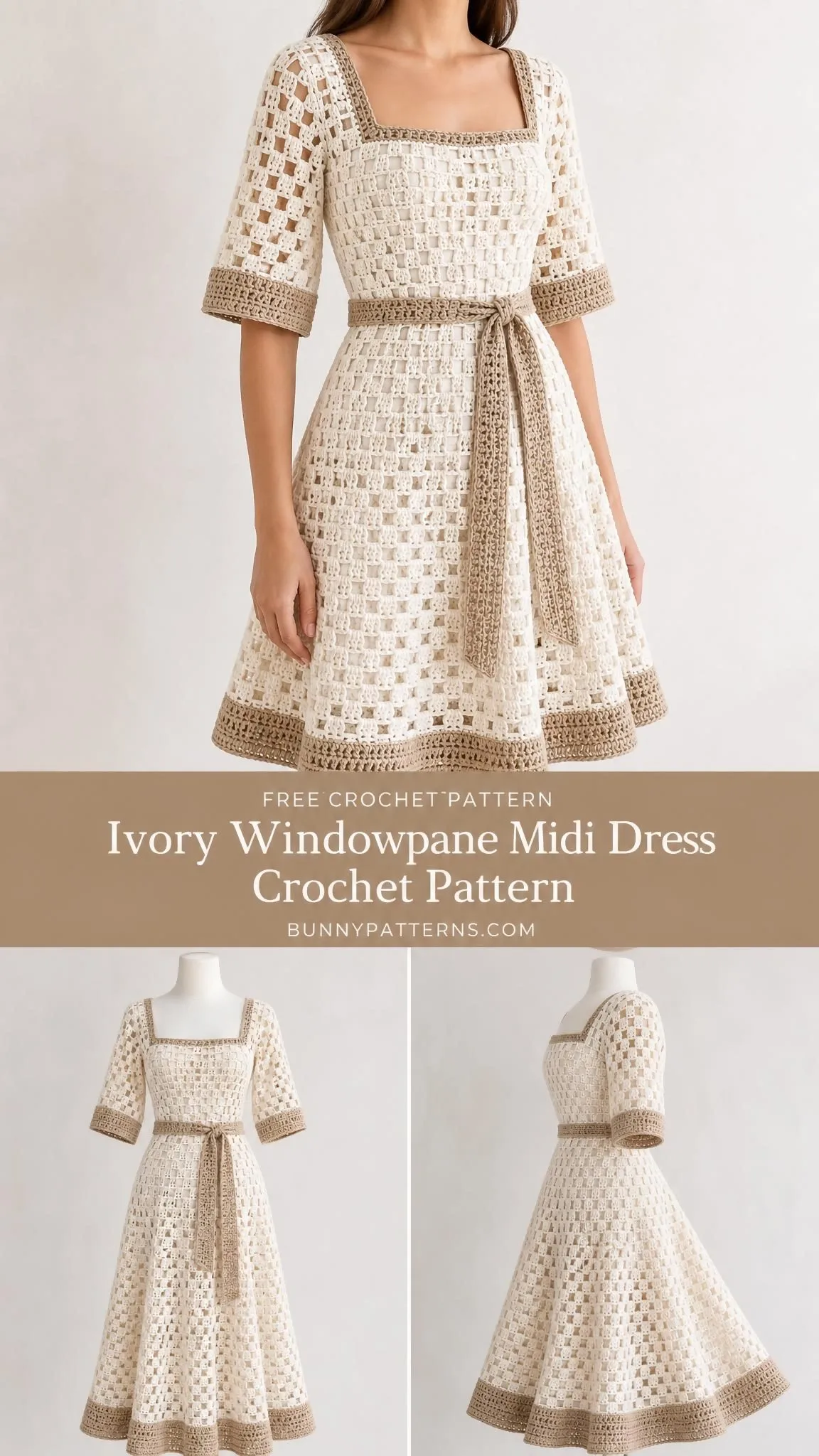 Handmade crochet dress in cream with open lattice stitch design elbow length sleeves and contrasting tan hem border
