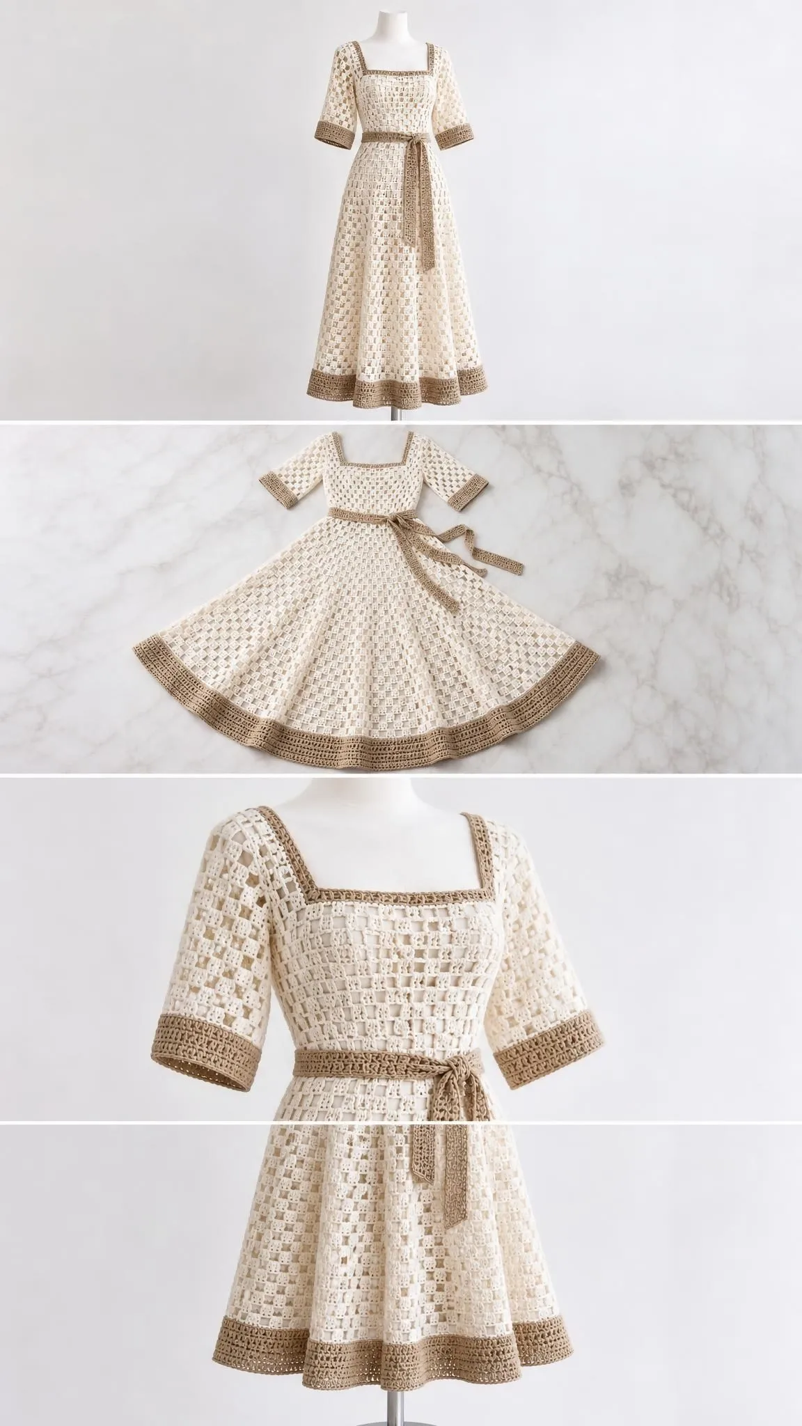 Elegant A-line crochet midi dress showing detailed windowpane stitch texture with gathered waist and flowing skirt