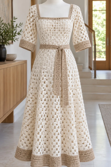 Ivory crochet midi dress with windowpane lattice pattern displayed on a white mannequin featuring square neckline and sand colored belt