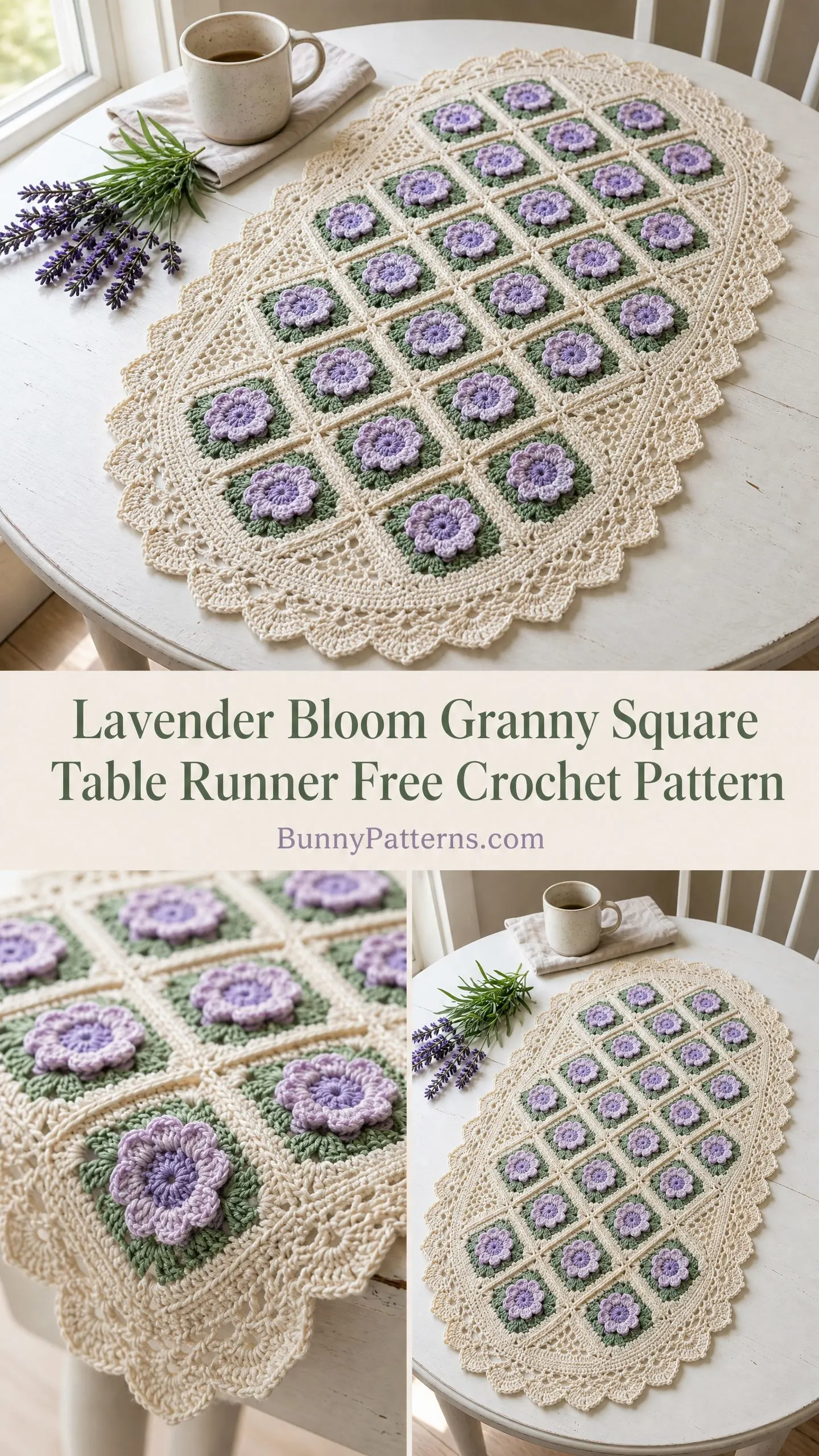 Lavender Bloom Granny Square Table Runner Free Crochet Pattern