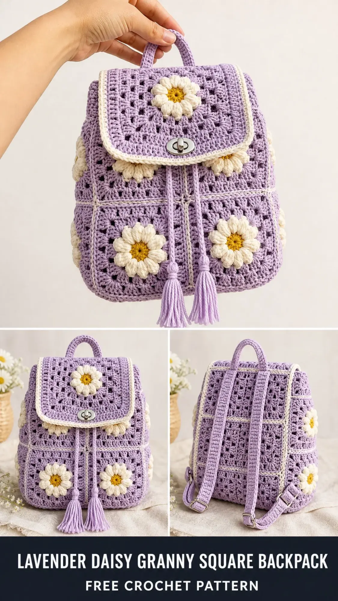 Lavender Daisy Granny Square Backpack Free Crochet Pattern