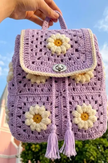 Lavender Daisy Granny Square Backpack Free Crochet Pattern