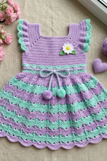 Lavender Mint Shell Stitch Baby Dress Free Crochet Pattern