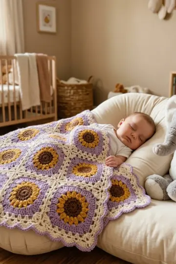 Lavender Sunflower Granny Square Baby Blanket Free Pattern