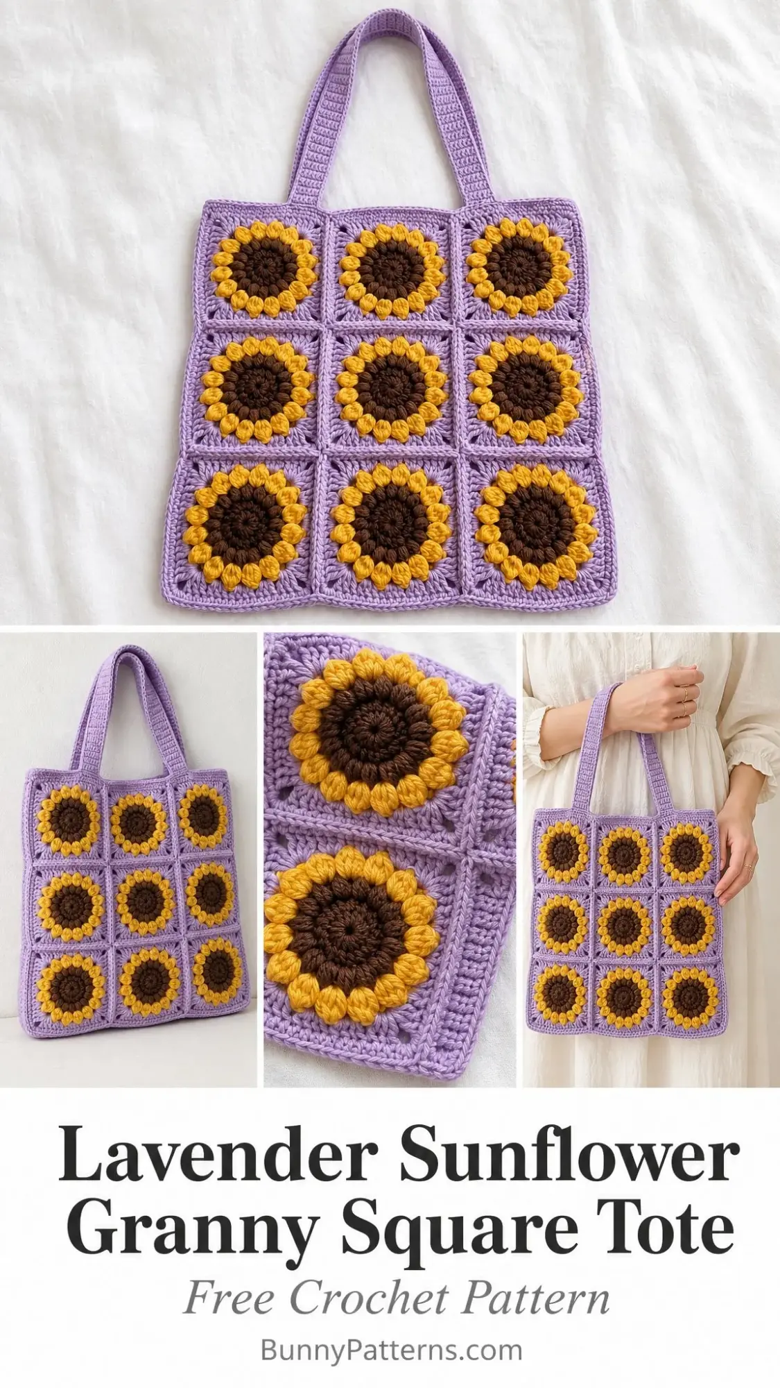 Lavender Sunflower Granny Square Tote Free Crochet Pattern