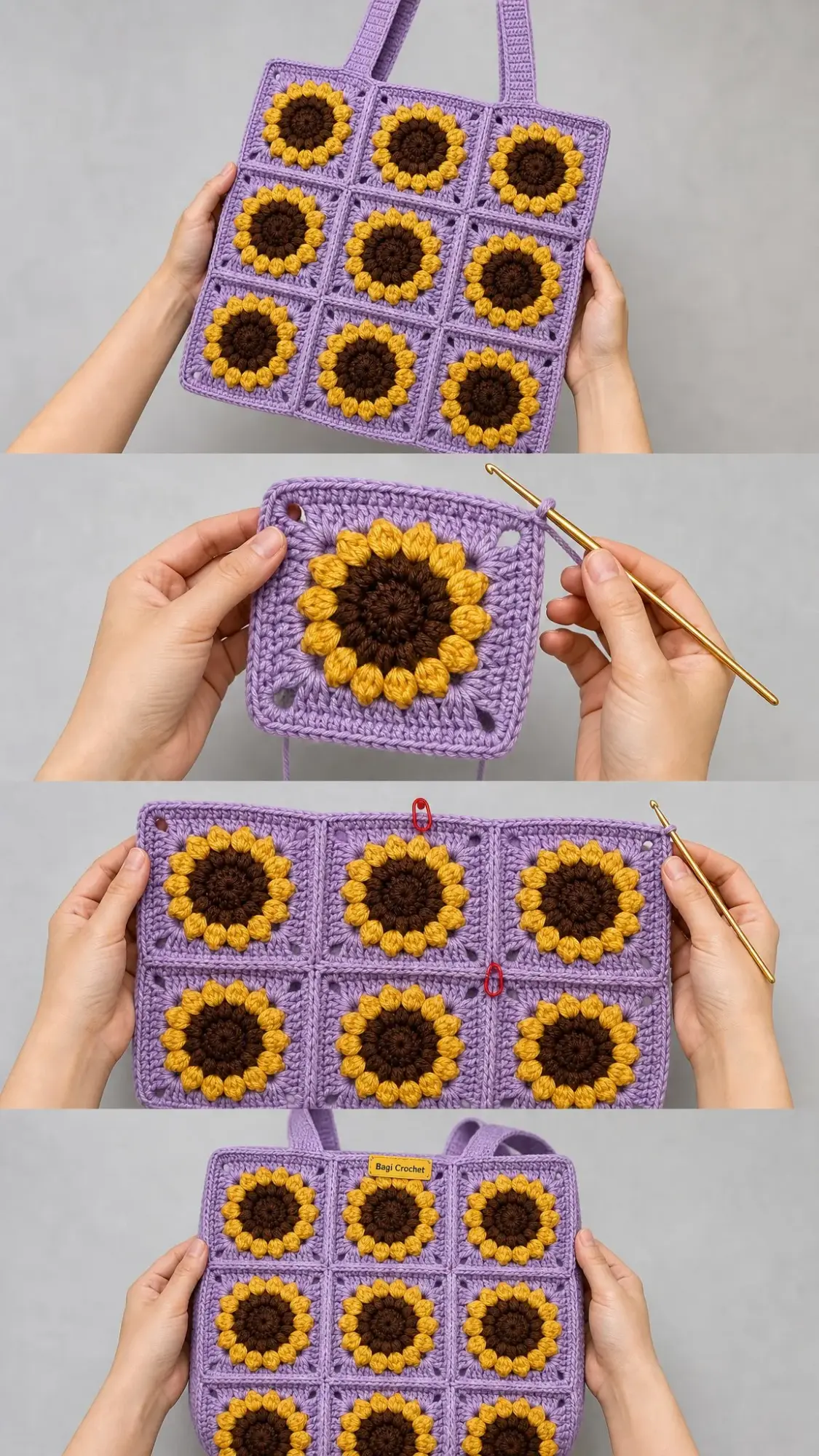 Lavender Sunflower Granny Square Tote Free Crochet Pattern