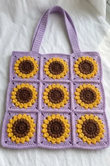 Lavender Sunflower Granny Square Tote Free Crochet Pattern