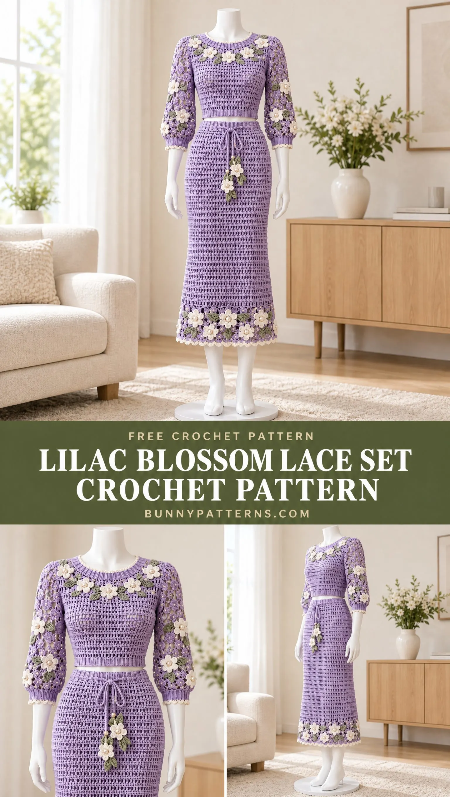 Close-up of soft lilac mesh crochet fabric with white six-petal flowers and green leaves along the neckline