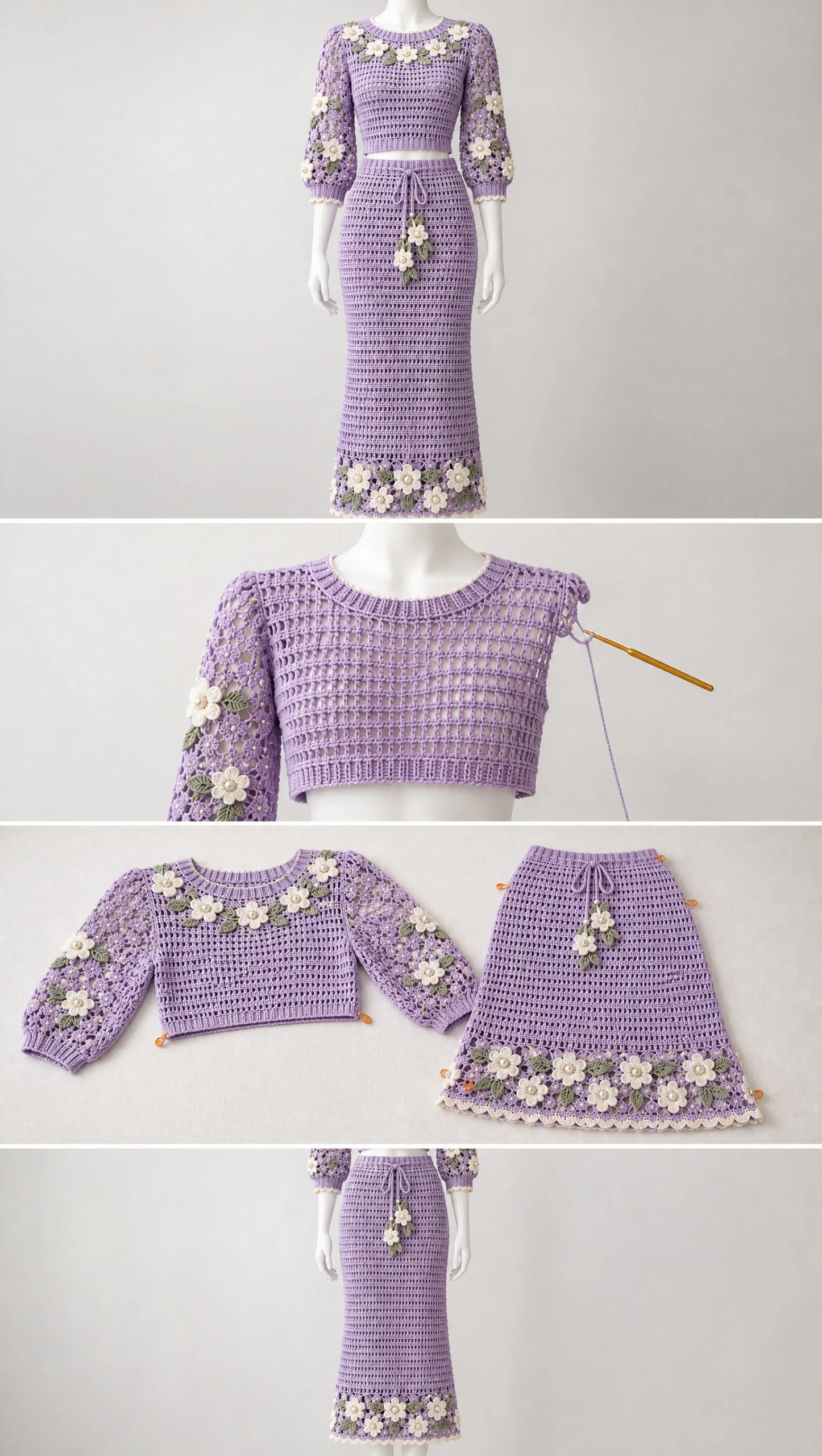 Full-length lilac crochet skirt with scalloped hem, floral border, and drawstring waist tied in a bow at the front