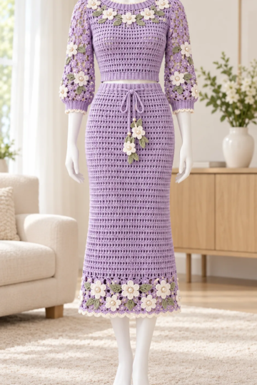 Lilac crochet lace top and midi skirt set with white flower appliques displayed on a mannequin in a bright room