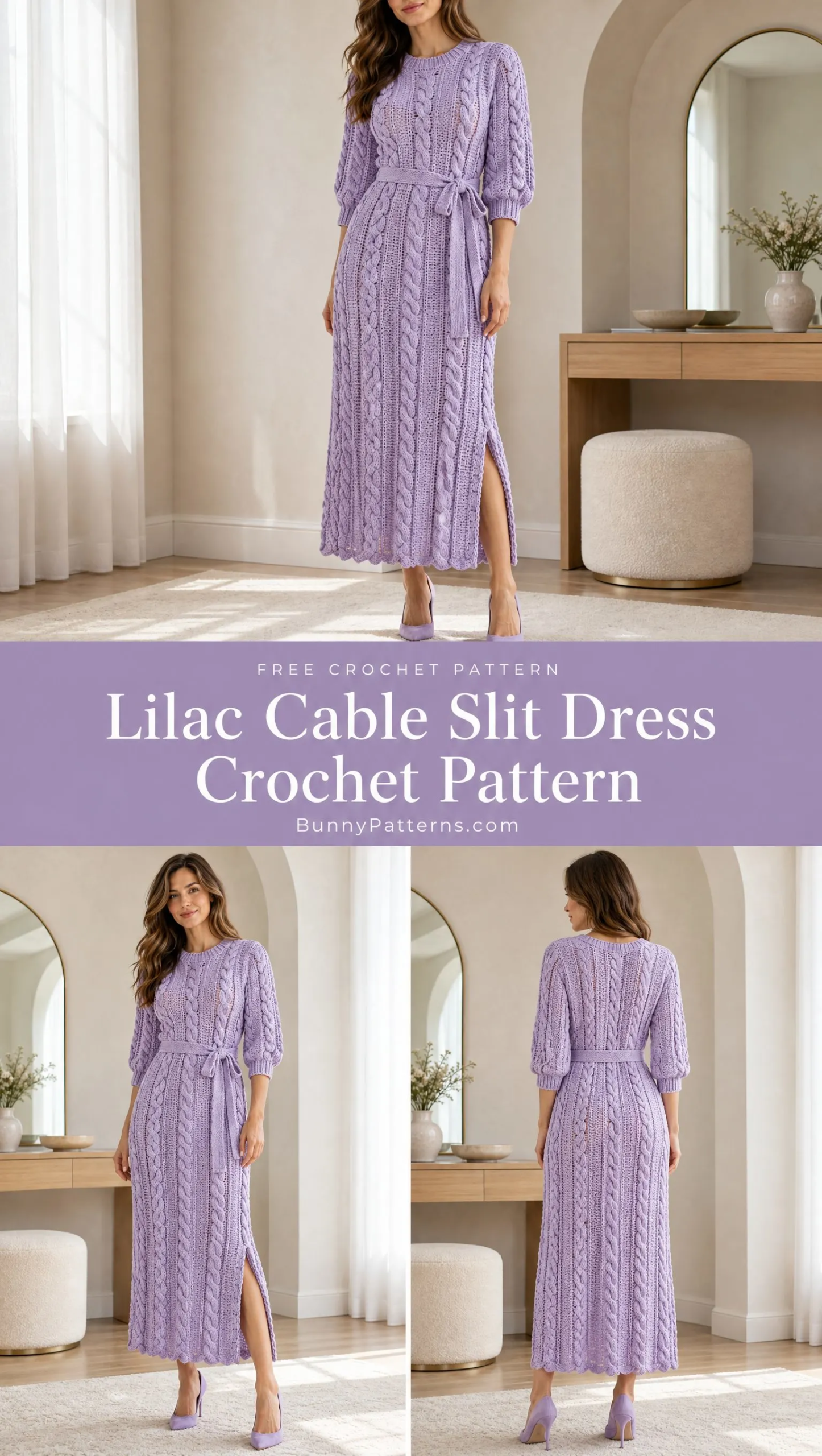 Soft purple crocheted maxi dress featuring bold cable columns, tied belt at waist, and side slit detail near hem