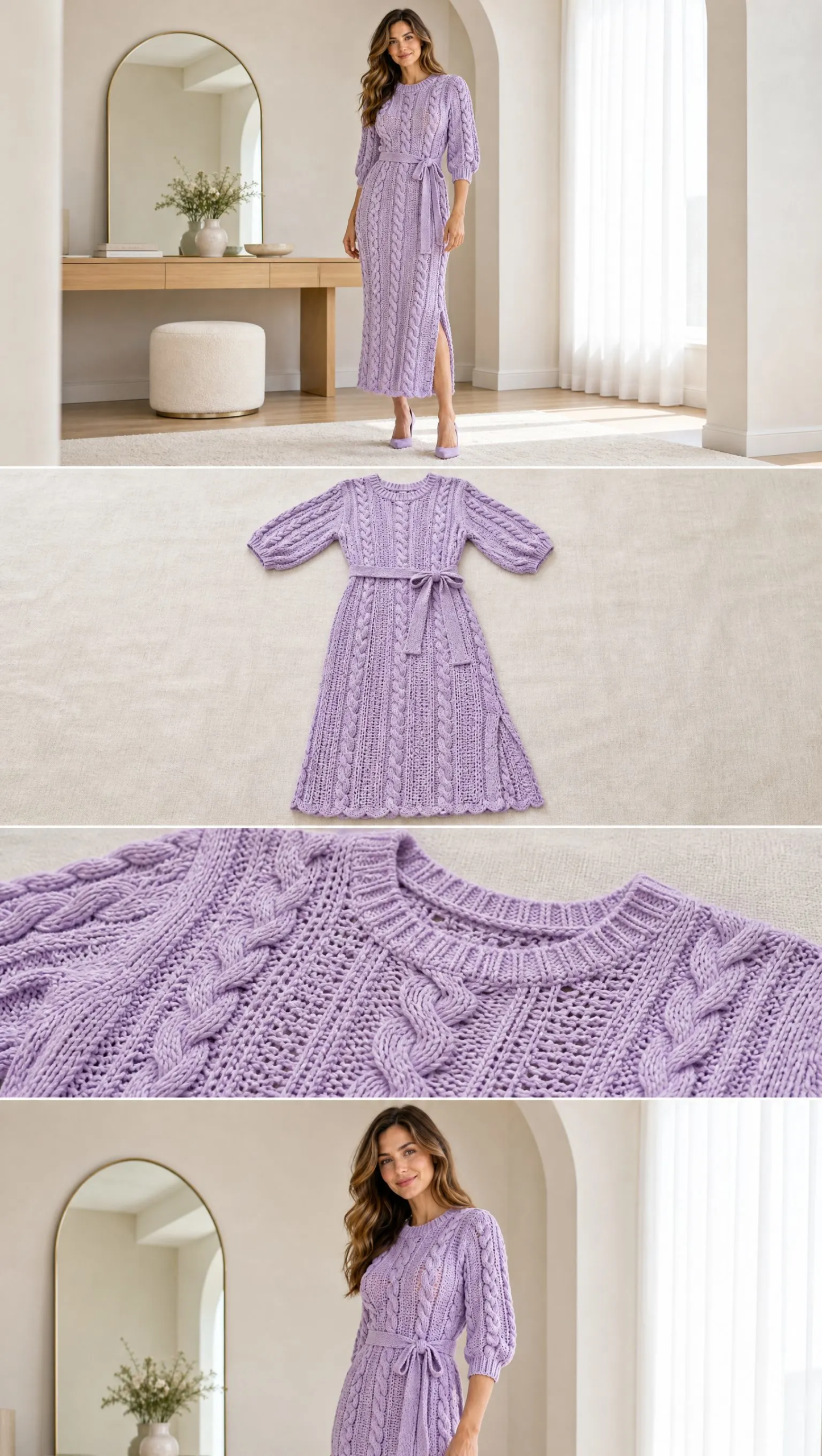 Close view of lilac crochet dress showing textured cable pattern, fitted ribbed cuffs, and elegant straight silhouette
