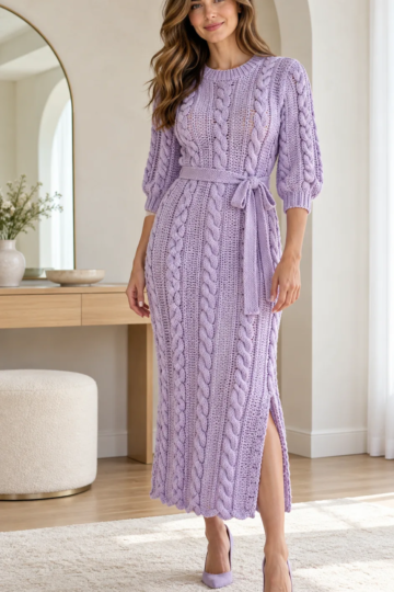 Lilac cable slit dress with vertical rope cables, ribbed neckline, bracelet sleeves, and scalloped hem styled with matching heels