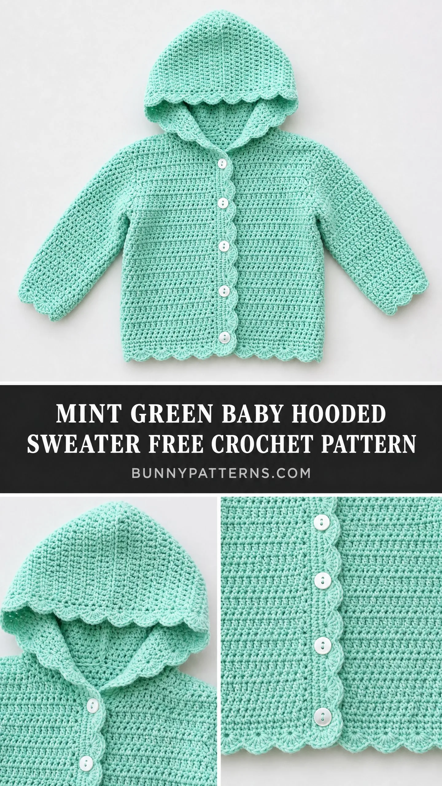 Mint Green Baby Hooded Sweater Free Crochet Pattern