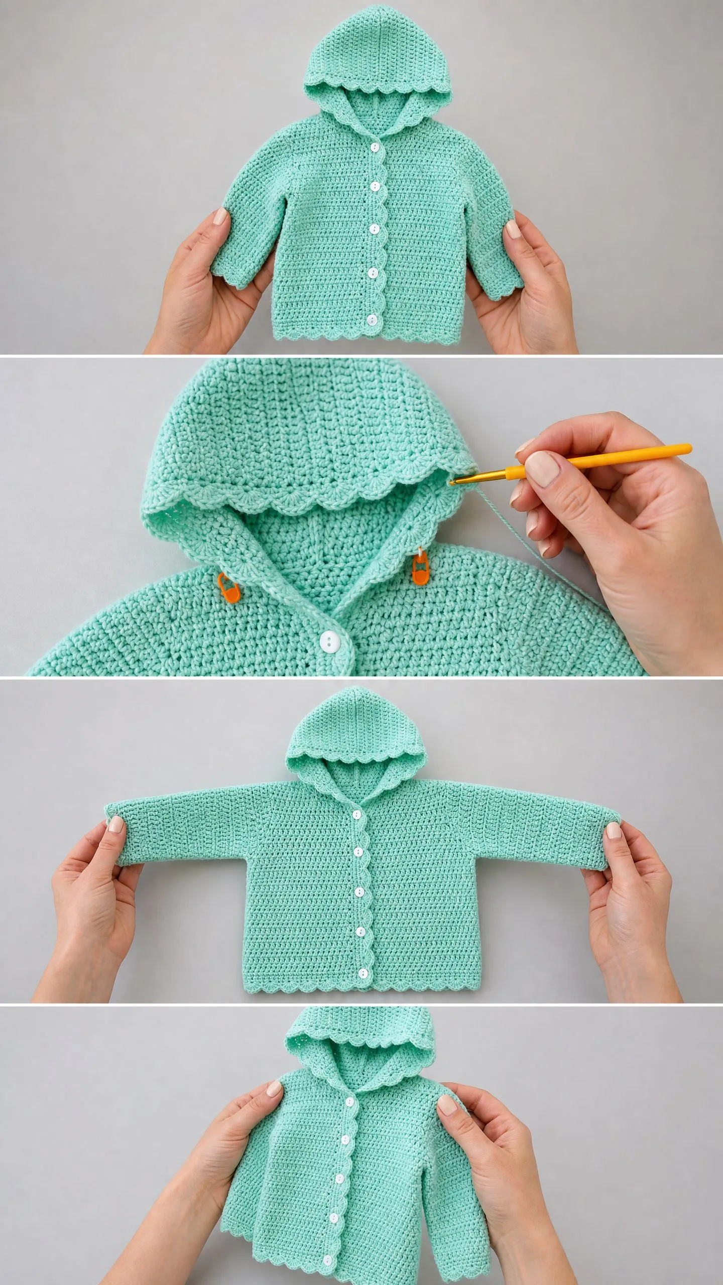 Mint Green Baby Hooded Sweater Free Crochet Pattern