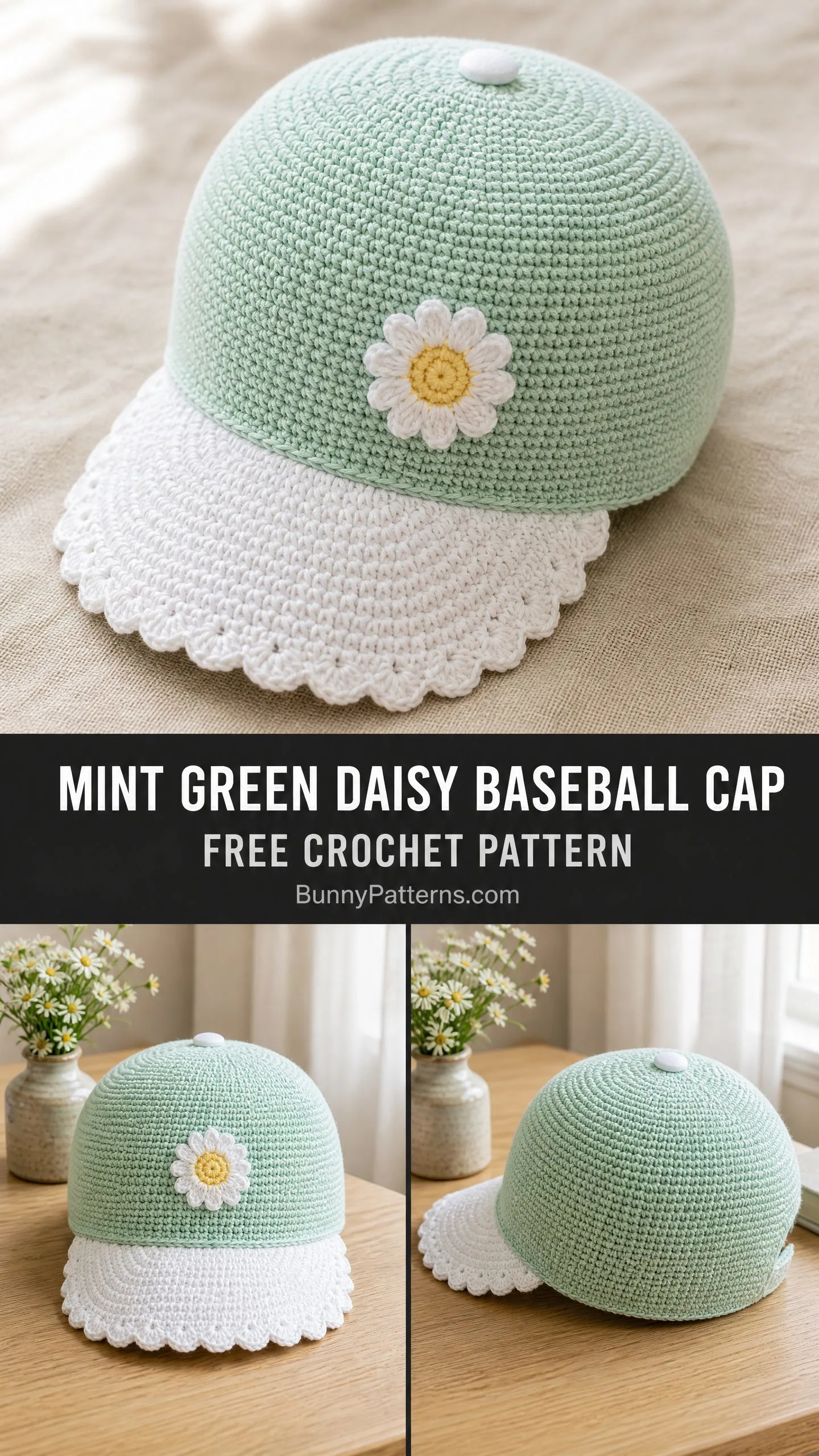 Mint Green Daisy Baseball Cap Free Crochet Pattern