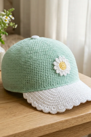Mint Green Daisy Baseball Cap Free Crochet Pattern