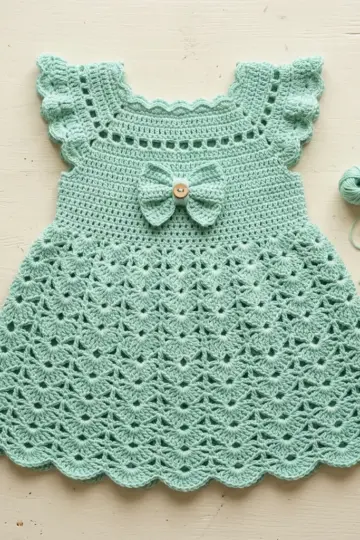 Mint Green Shell Stitch Baby Dress Free Crochet Pattern