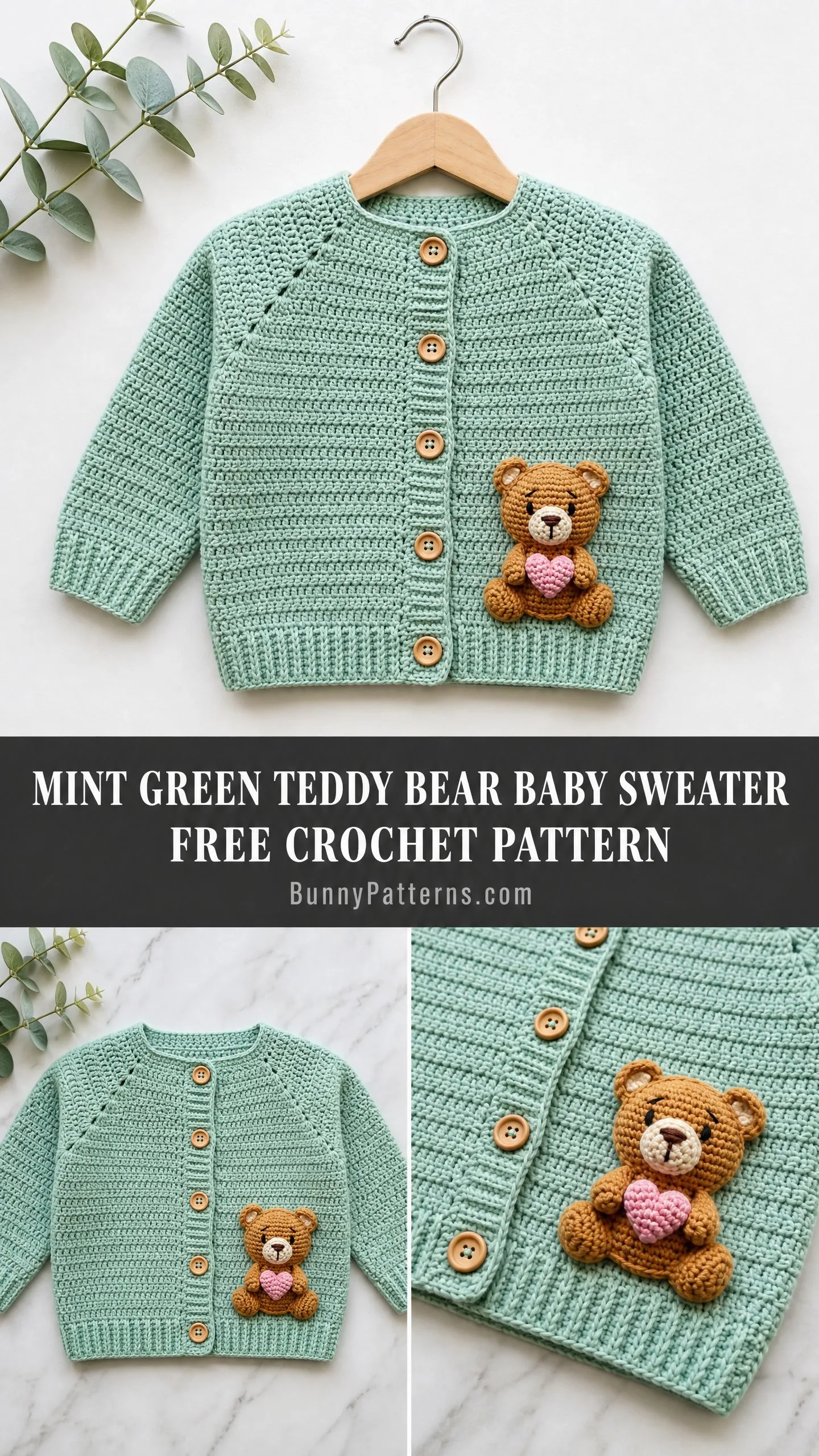 Mint Green Teddy Bear Baby Sweater Free Crochet Pattern