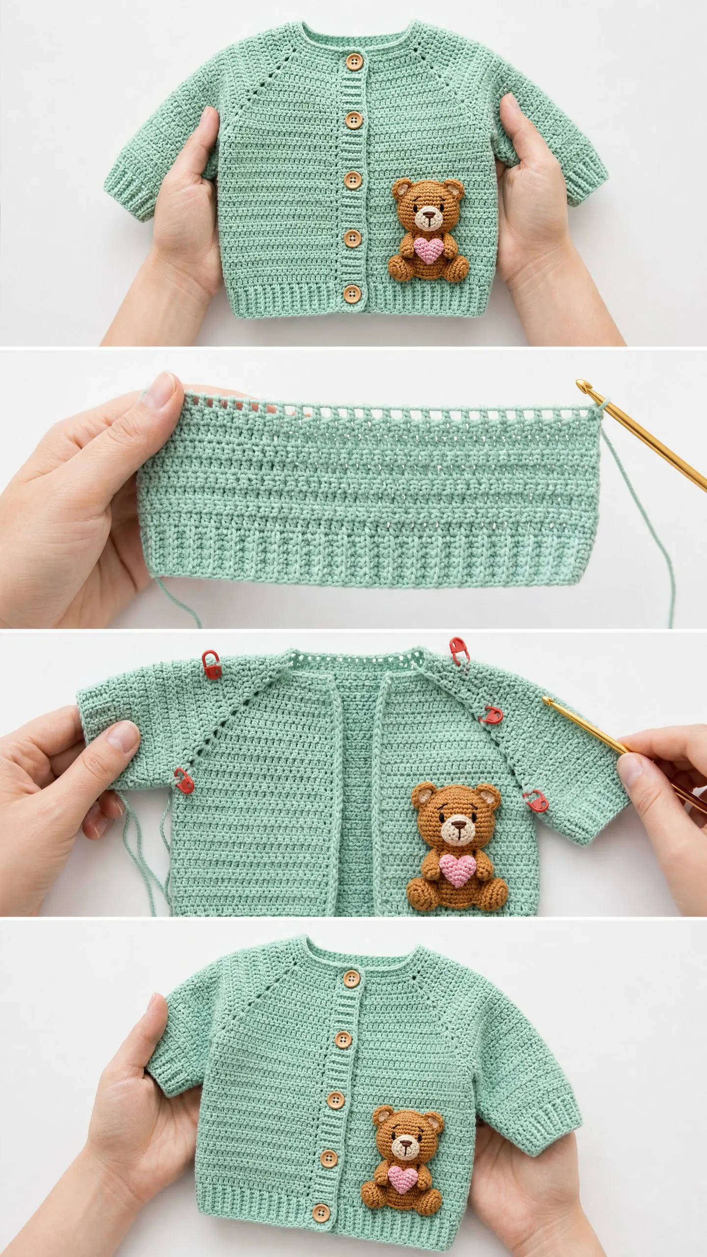 Mint Green Teddy Bear Baby Sweater Free Crochet Pattern