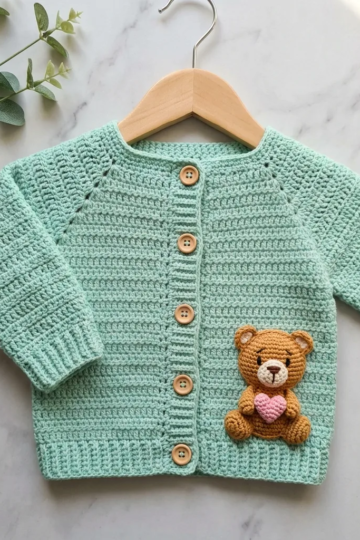 Mint Green Teddy Bear Baby Sweater Free Crochet Pattern