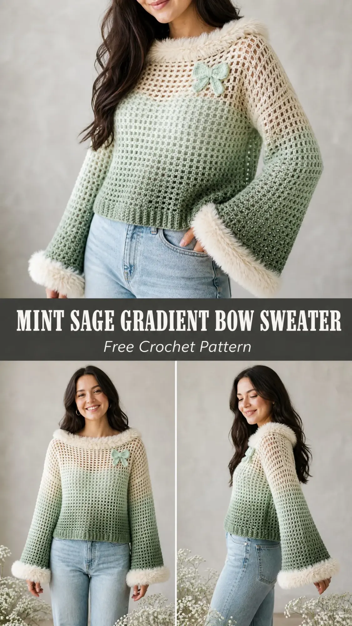 Mint Sage Gradient Bow Sweater Free Crochet Pattern