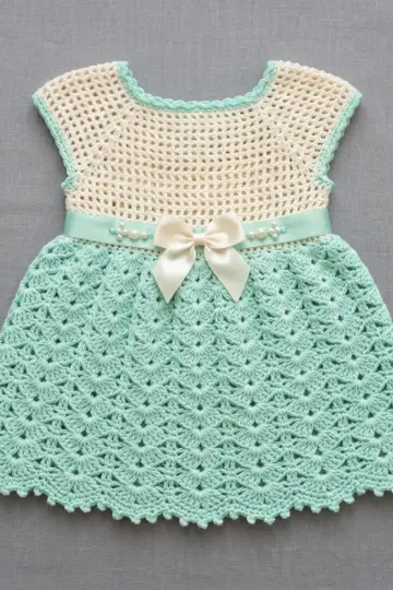 Mint and Cream Baby Dress Free Crochet Pattern