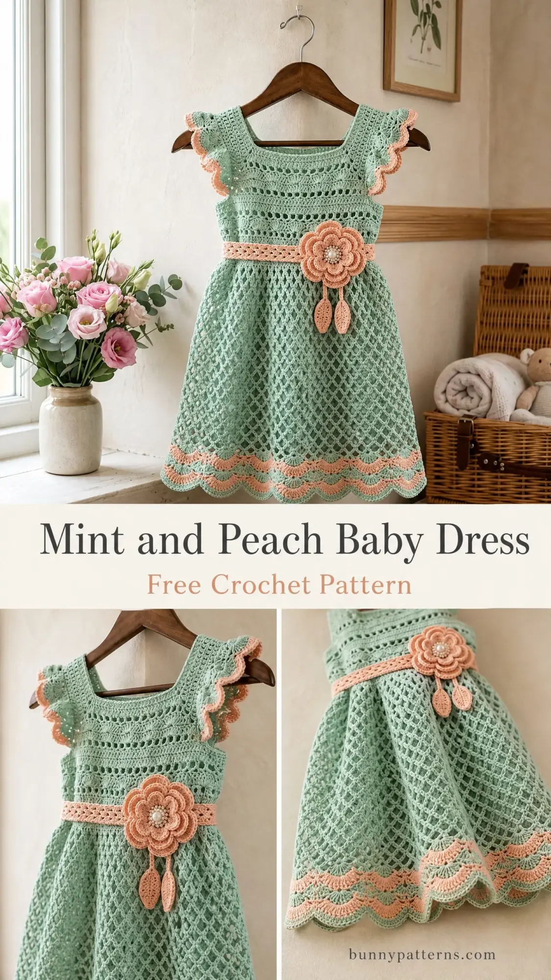 Mint and Peach Baby Dress Free Crochet Pattern