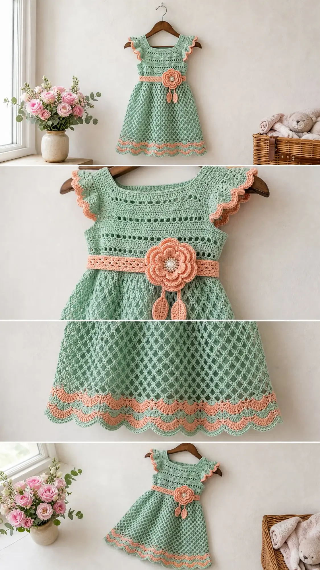 Mint and Peach Baby Dress Free Crochet Pattern