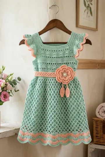 Mint and Peach Baby Dress Free Crochet Pattern