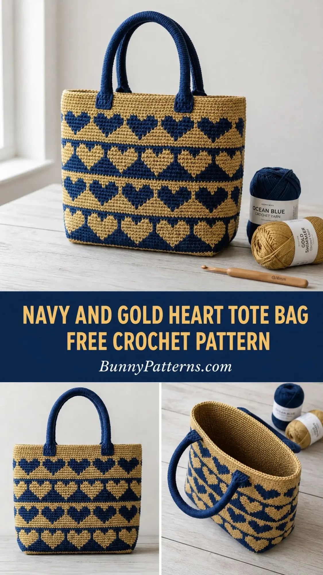 Navy and Gold Heart Tote Bag Free Crochet Pattern