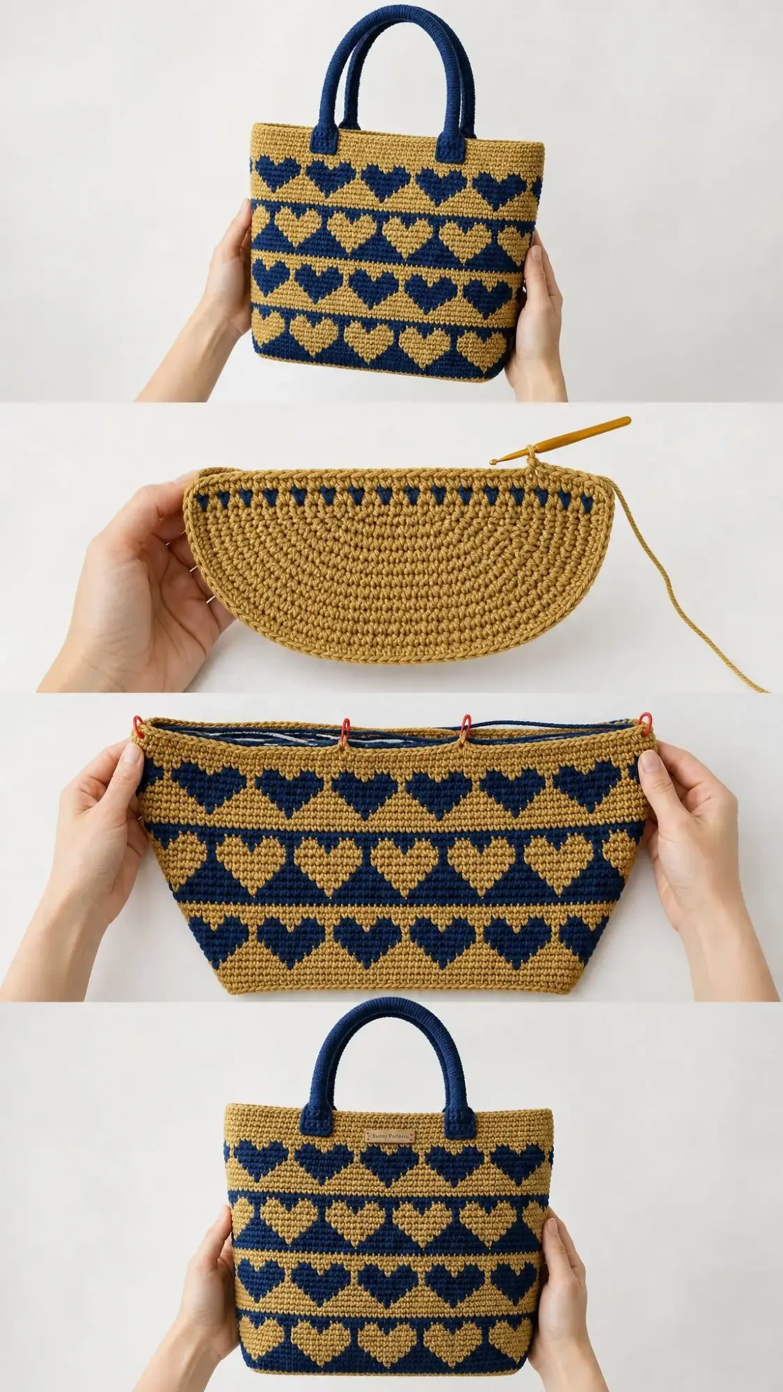 Navy and Gold Heart Tote Bag Free Crochet Pattern