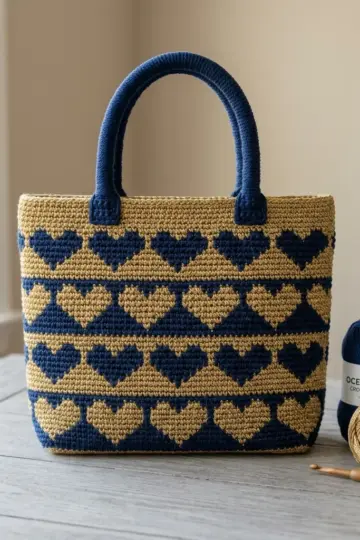 Navy and Gold Heart Tote Bag Free Crochet Pattern