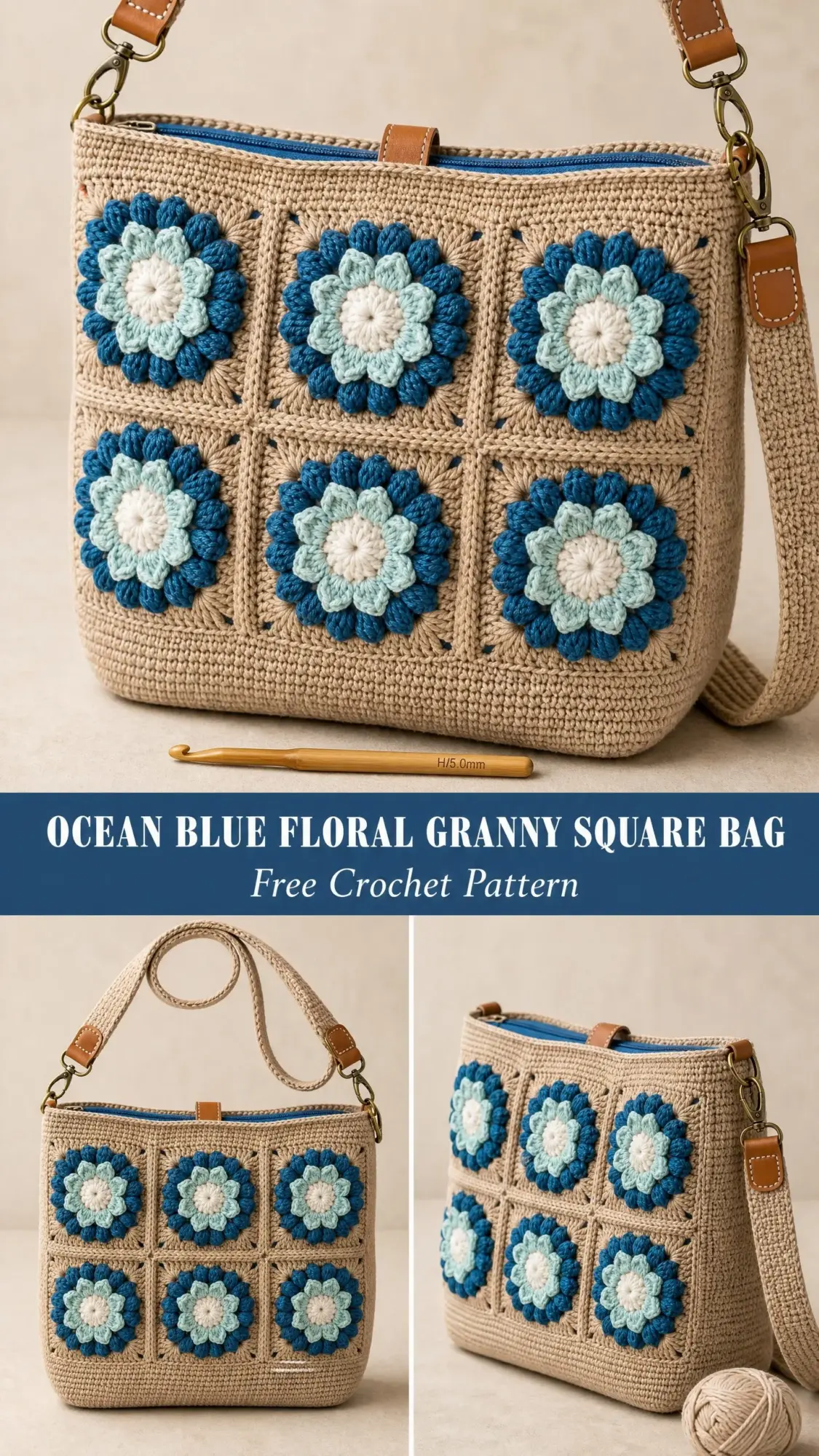 Ocean Blue Floral Granny Square Bag Free Crochet Pattern