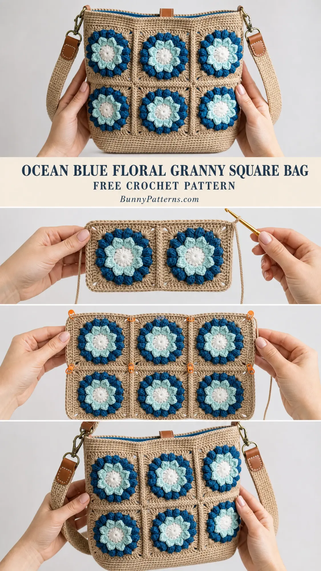 Ocean Blue Floral Granny Square Bag Free Crochet Pattern