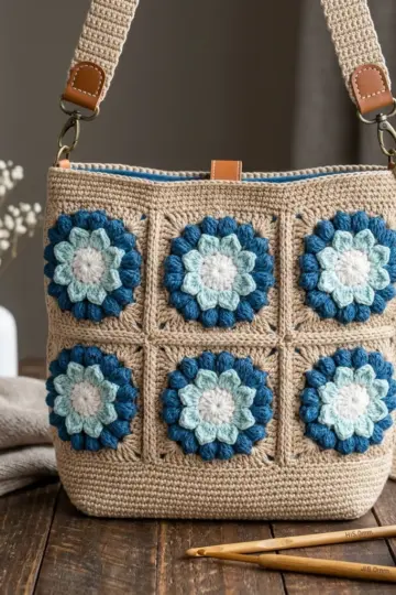 Ocean Blue Floral Granny Square Bag Free Crochet Pattern