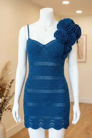 Ocean Blue Floral Shoulder Dress Free Crochet Pattern