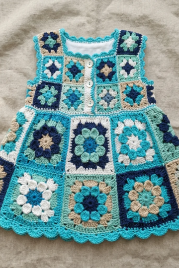 Ocean Blue Granny Square Baby Dress Free Crochet Pattern