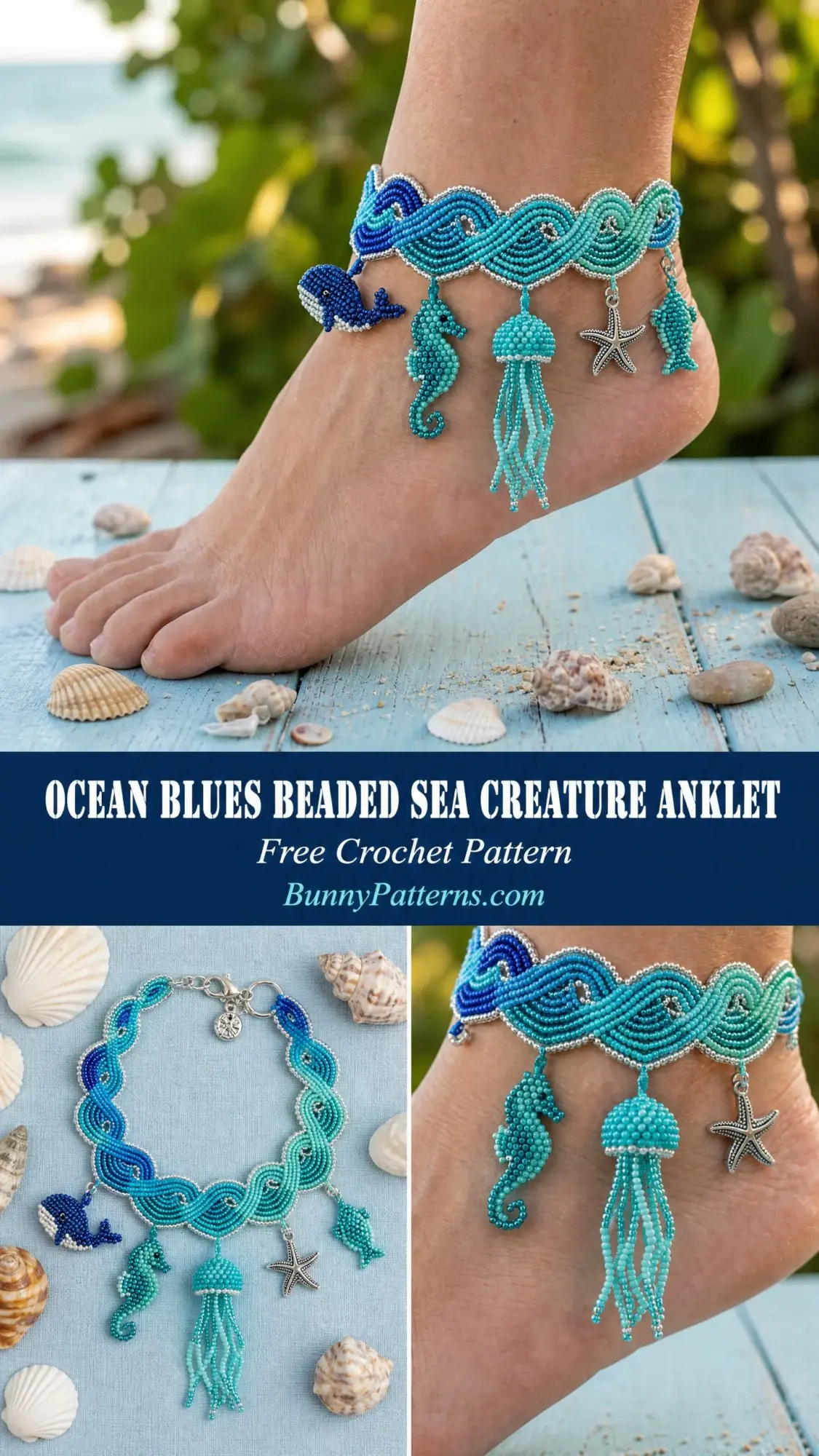 Ocean Blues Beaded Sea Creature Anklet Free Crochet Pattern