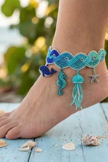 Ocean Blues Beaded Sea Creature Anklet Free Crochet Pattern