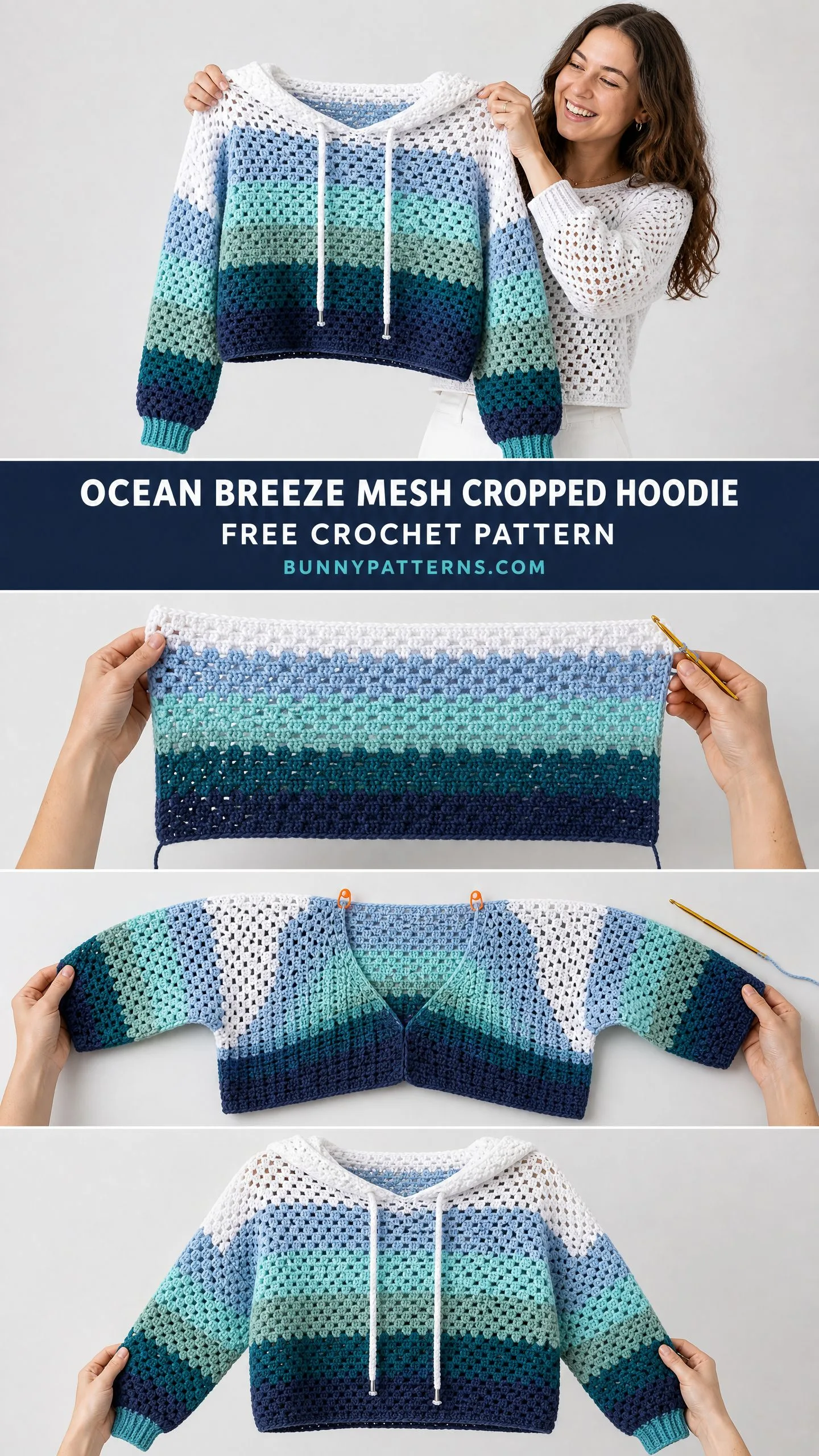 Ocean Breeze Mesh Cropped Hoodie Free Crochet Pattern