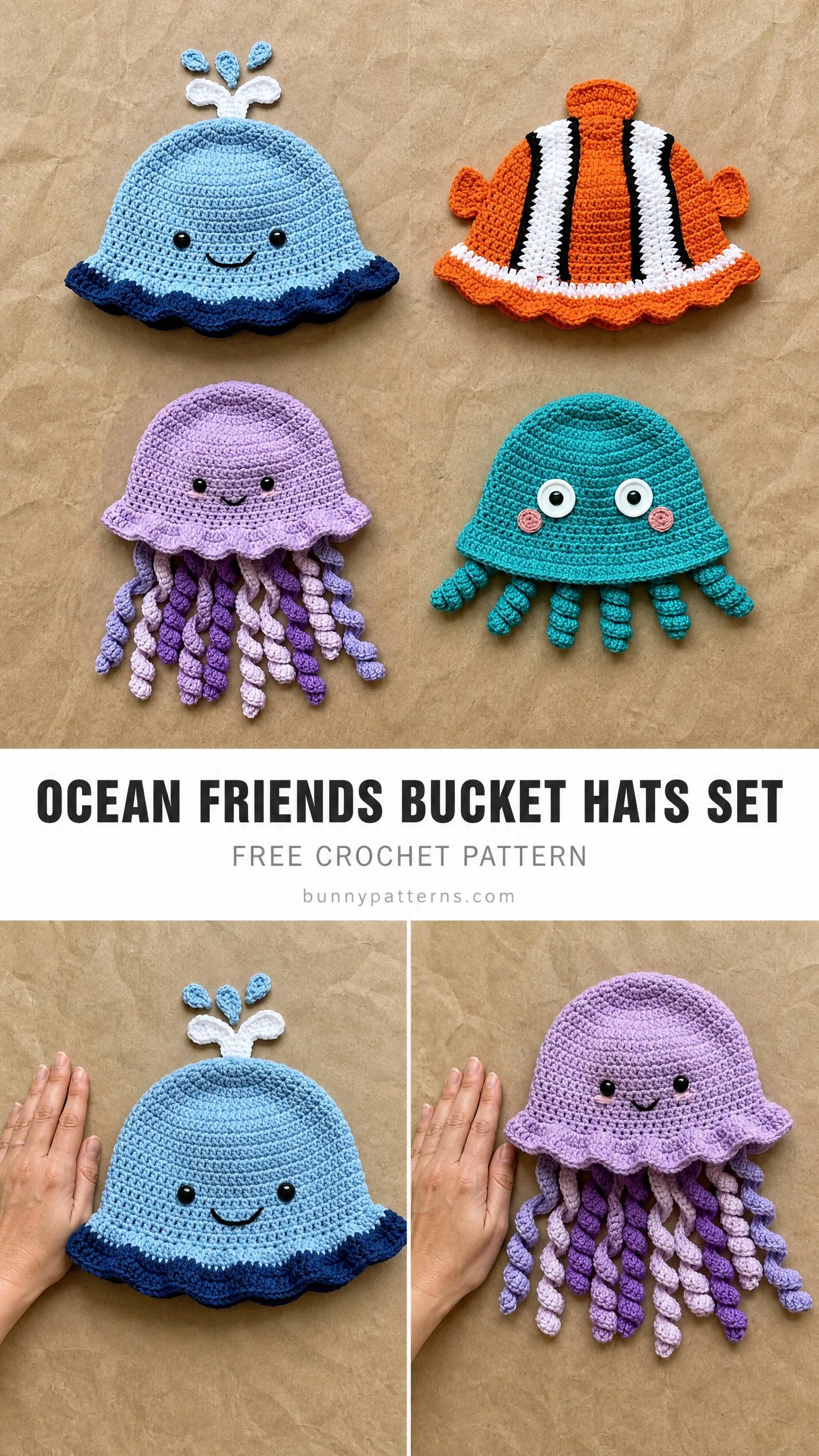 Ocean Friends Bucket Hats Set Free Crochet Pattern
