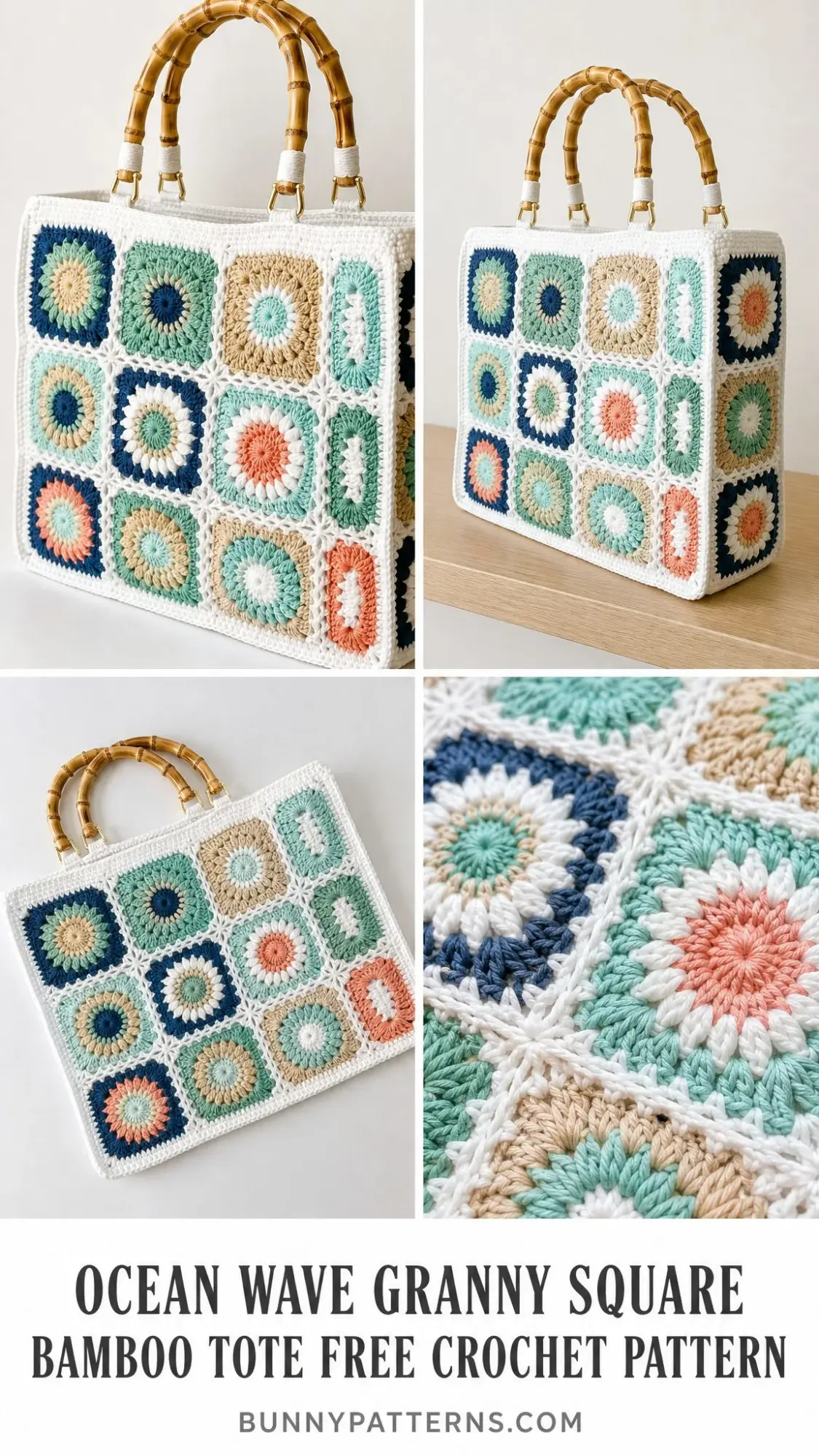 Ocean Wave Granny Square Bamboo Tote Free Crochet Pattern