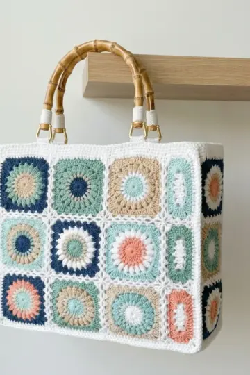 Ocean Wave Granny Square Bamboo Tote Free Crochet Pattern