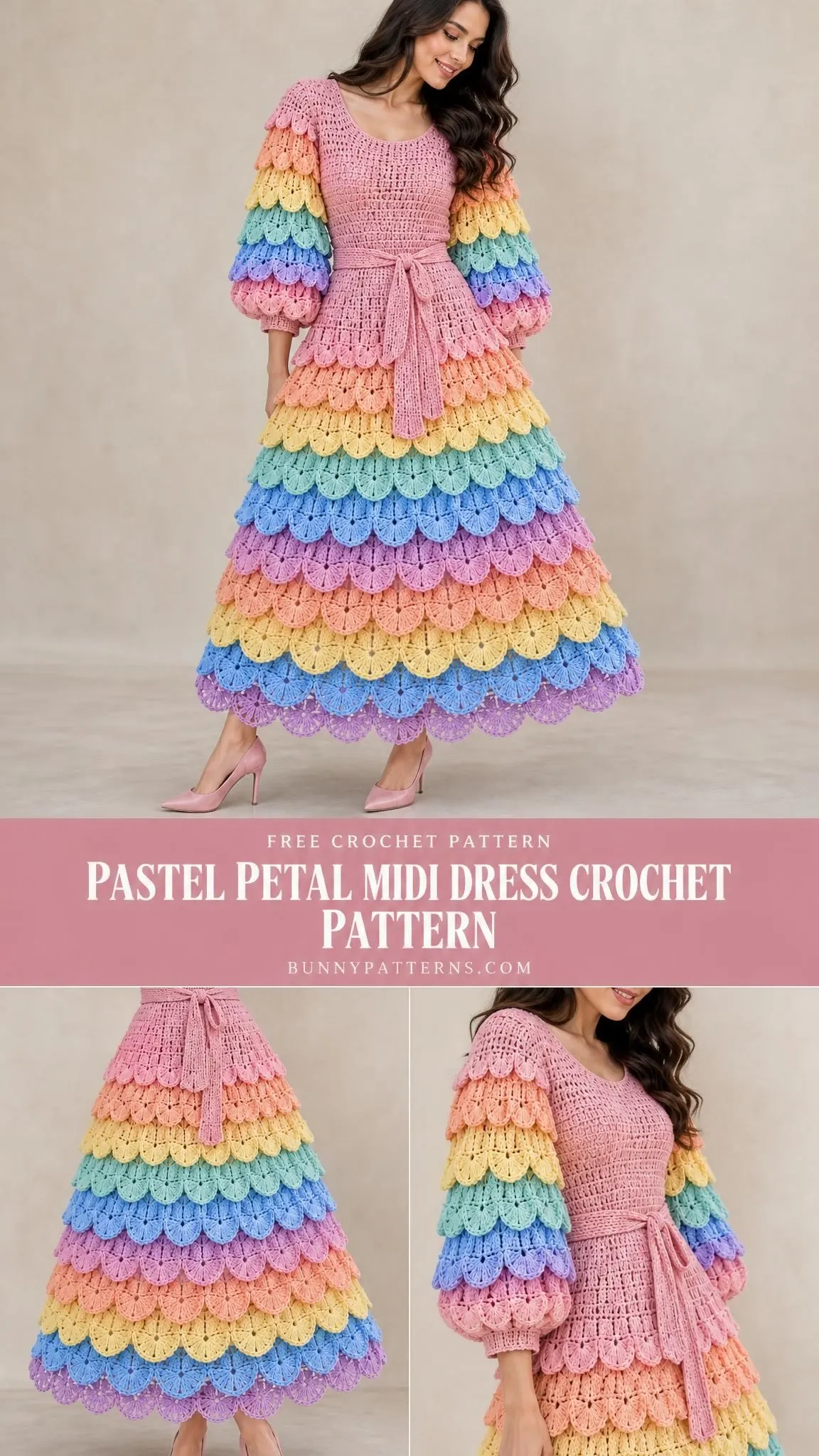 Close-up of rainbow crocodile stitch scales in peach yellow mint blue and lilac on handmade crochet dress skirt