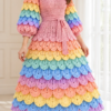 Pastel rainbow crochet midi dress with overlapping crocodile scale texture and fitted blush pink bodice worn by model